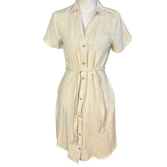 Japna Shirt Dress Size Small Tan Pockets Tie Waist Classic Minimalist Neutral - Picture 1 of 7